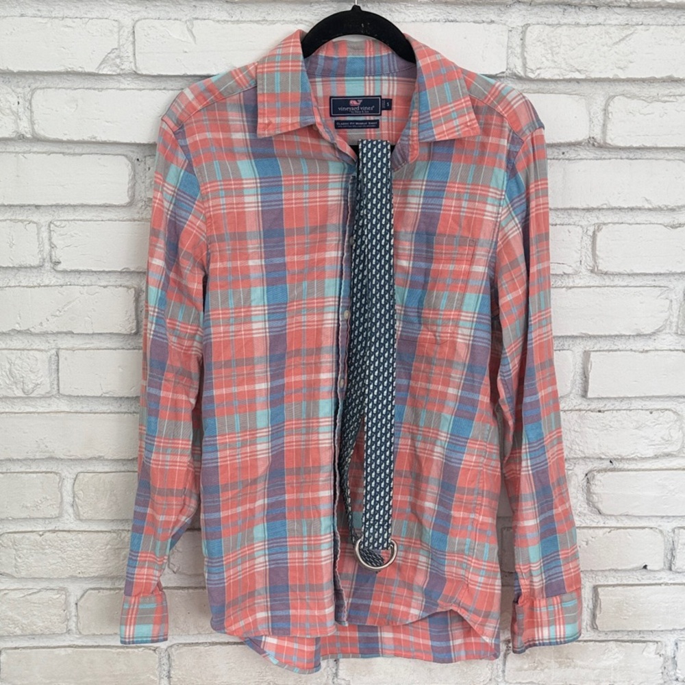 Vineyard Vines Coral and Blue Plaid Shirt